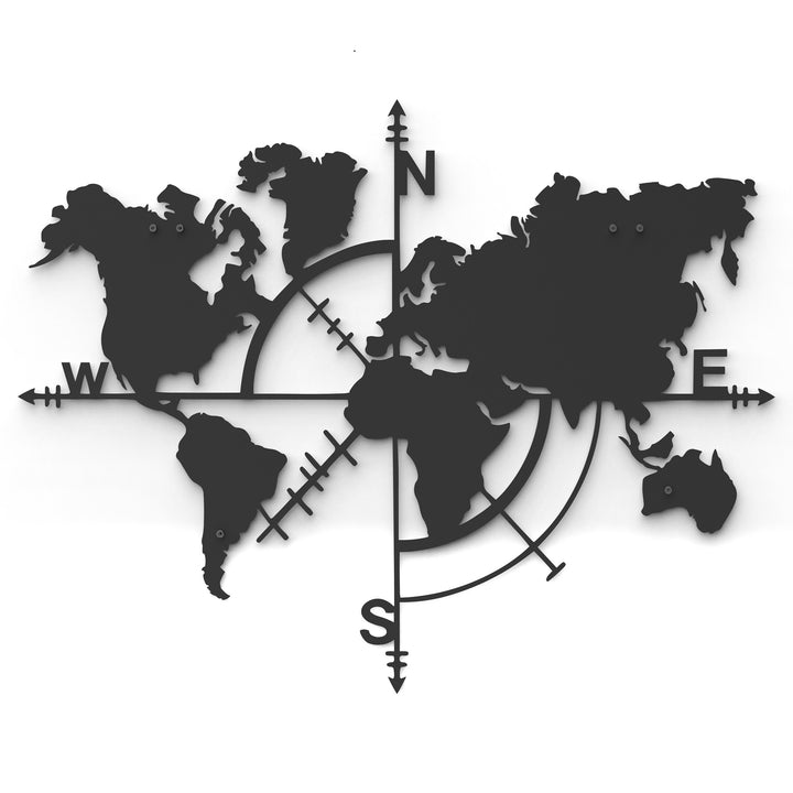 Metalen wanddecoratie wereldkaart met kompas