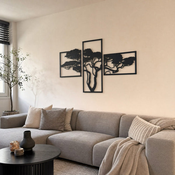 Metalen wanddecoratie Afrikaanse boom drieluik van zwart staal - Lifestaal