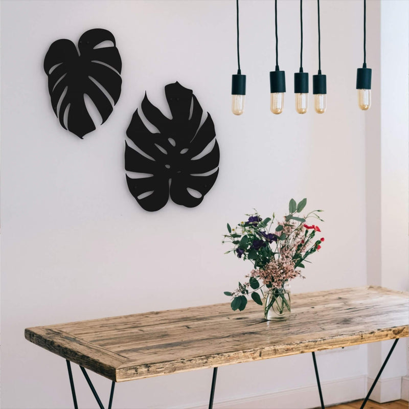 Metalen wanddecoratie monstera bladeren set van 2 in zwart staal - Lifestaal
